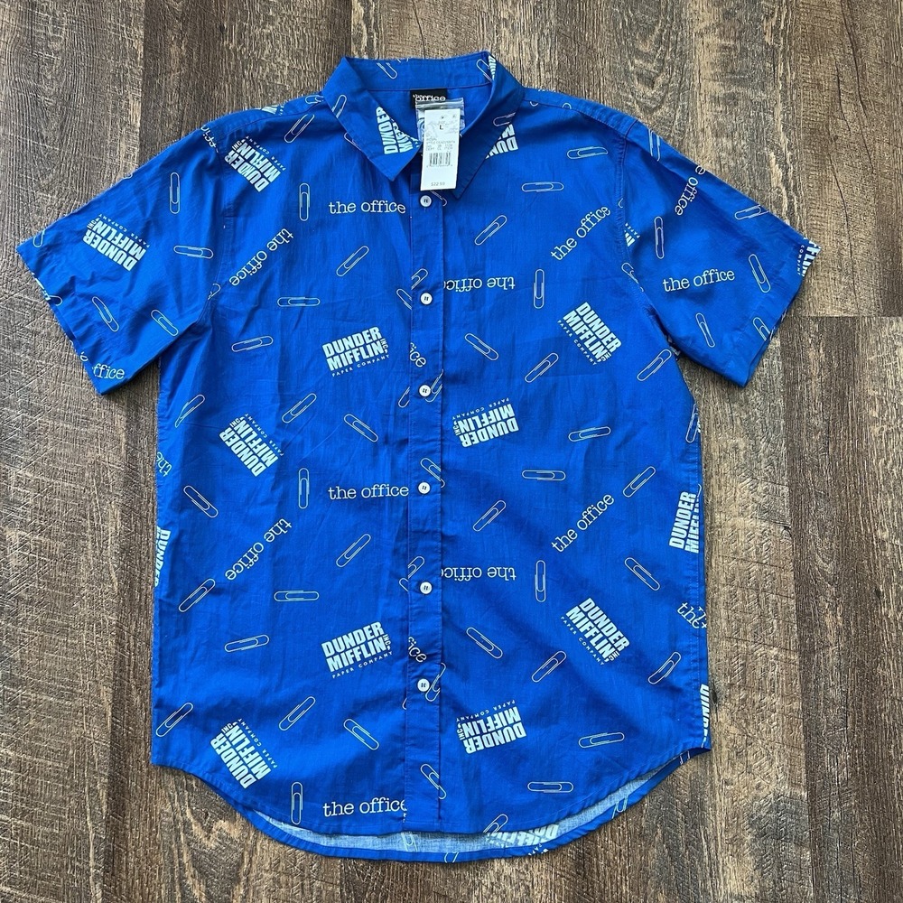 The Office Dunder‎ Mifflin Cotton Button Up Short Sleeve Shirt Large Blue AOP